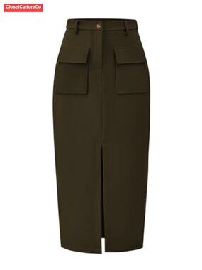 Cargo Midi Pencil Skirt High Waist Split Hem Stretch Work Skirt